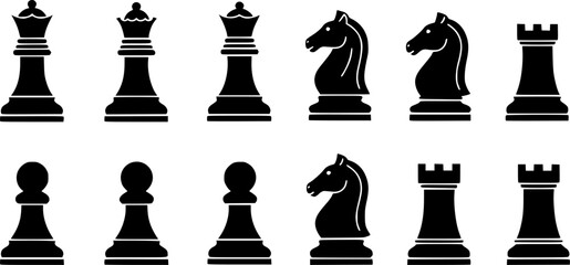 Set of chess vector icons. Black silhouette with chess. King, queen, pawn, horse and rook. Vector 10 Eps.
Set of chess vector icons. Black silhouette with chess. King, queen, pawn, horse and rook. Vec