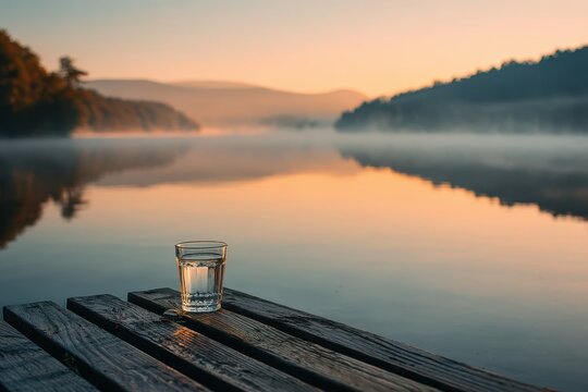 Clear glass of water resting on a wooden dock overlooking a tranquil lake at sunrise with mist rising from the water