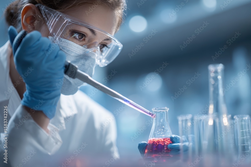 Poster laboratory assistant carefully pipetting liquid into a flask in a modern laboratory during a researc