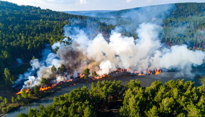 Nubes de humo y llamas de un incendio en un bosque verde en verano