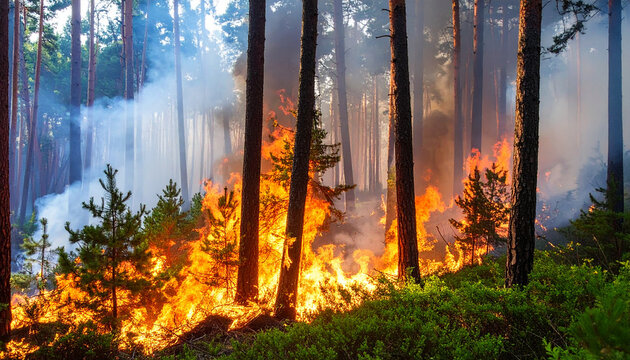 Llamas fuego y humo quemando el monte durante un incendio en verano en el bosque