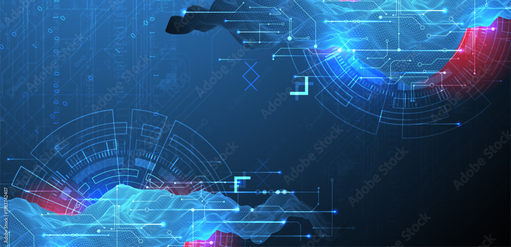 Poster Abstract data background with wireframe wave and circuit lines. Technology concept. Vector
