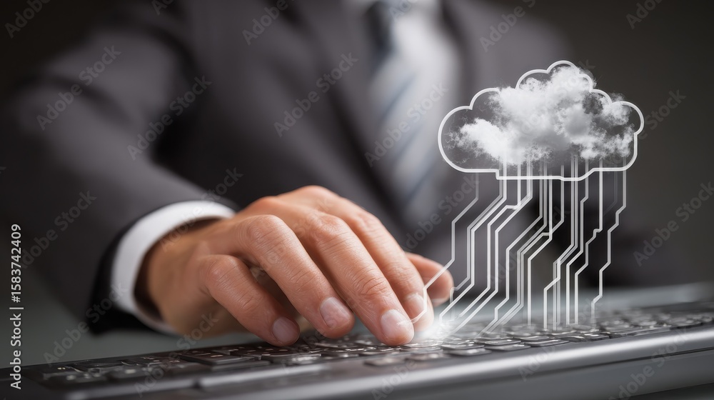 Poster businessman hand working with a cloud computing diagram on the new computer interface as concept, no