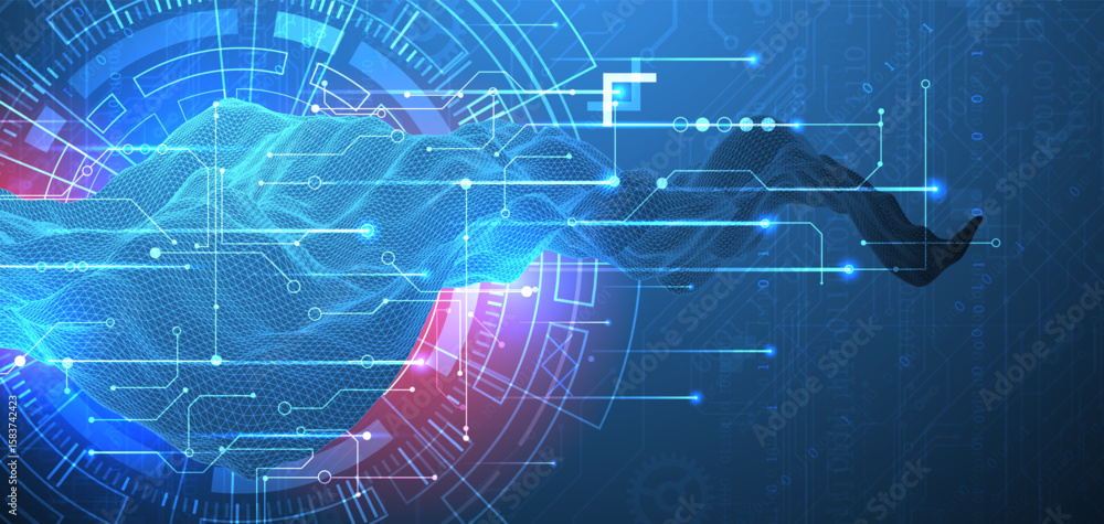 Poster Abstract data background with wireframe wave and circuit lines. Technology concept. Vector