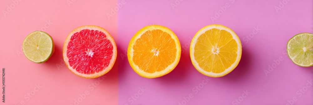 Poster vibrant citrus fruits arranged in geometric pattern against soft pastel background with ample space 