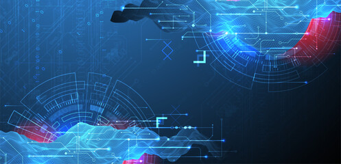 Abstract data background with wireframe wave and circuit lines. Technology concept. Vector