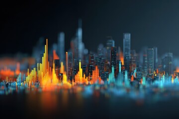 Colorful abstract representation of a city skyline infused with vibrant data visualizations showcasing urban dynamics and modern analytics trends