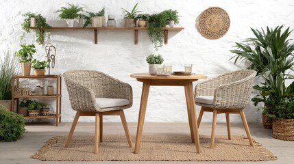 Light gray wicker dining chairs around a round wooden table.