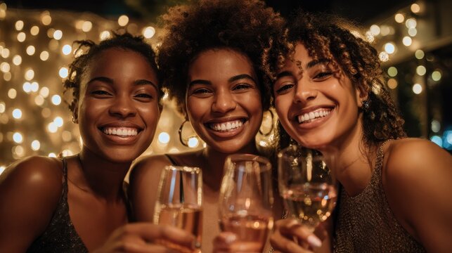 Happy young african woman holding wine glass with friends at party. Portrait of beautiful black girl enjoying new yearâs eve with friends. Cheerful smiling woman drinking champagne at evening party