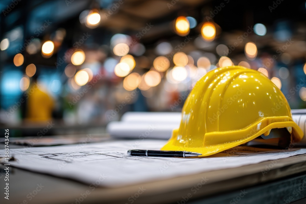 Poster construction project documentation with yellow hard hat and pen at a work site in urban setting duri