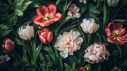 Artistic yet realistic photo of wallpaper texture featuring a lavish floral pattern with colorful tulips, full peonies, and dynamic green foliage over a deep shadowy background