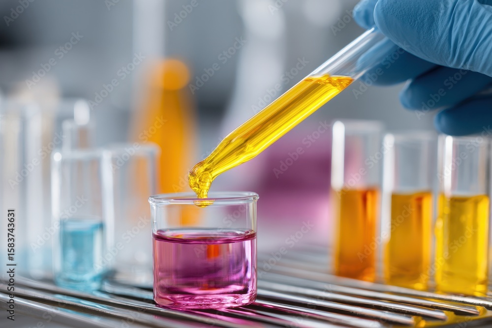 Poster laboratory scientist wearing blue gloves performing pipetting of distinct colored liquids into a gla