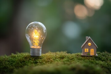 Unique glowing light bulb illuminating a small house model on a bed of moss in a serene natural setting during twilight