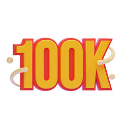 PNG 3D 100K Milestone with Bold Colorful 3D Text and Decorative Swirls Icon Isolated on a White Background