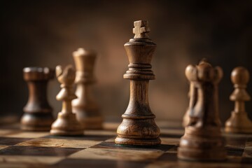 Wooden chess pieces strategically placed on a classic chessboard showcasing a royal battle between opponents in an elegant setting