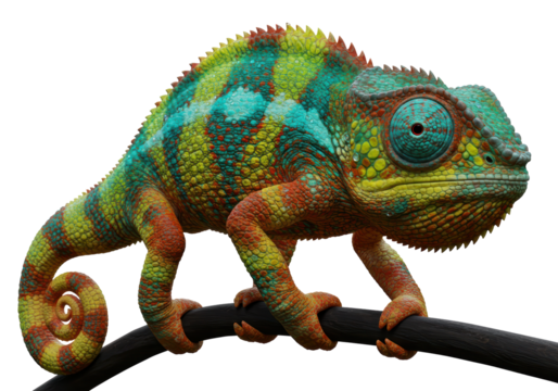 Isolated Vibrant Chameleon Perched on a Dark Branch