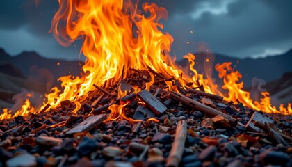 an outdoor scene in which a large fire with bright flames is burning atop a pile of what appears to be wood