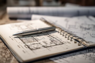 Detailed architectural plans with a silver pen resting on a wooden table in an office setting during the afternoon