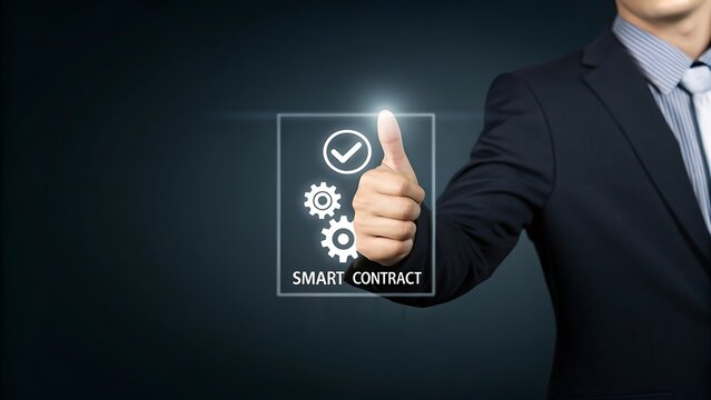 Businessman gives thumbs up to a smart contract with checkmark and gears