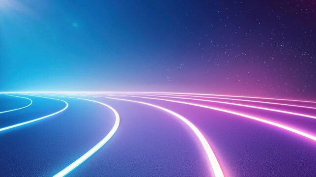 neon sports Running Track Glowing neon running track with radiant lane markings, curving smoothly under bright neon lights for a futuristic appearance.