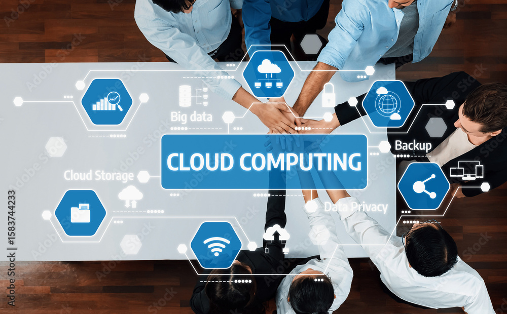 Poster a diverse group of business professionals collaborates over cloud computing concepts, showcasing mod