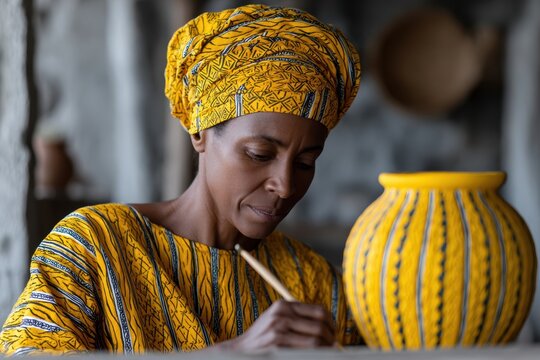 artistic home studio, african woman painting ceramic vase in sunny home studio, focus on brush strokes, colorful paints, blurred cozy background