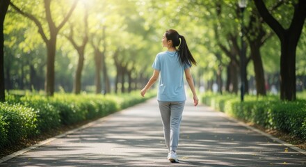 A woman enjoys a peaceful walk in a sunlit park, surrounded by lush greenery and tall trees, promoting wellness and a healthy lifestyle in a serene outdoor setting.