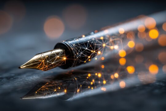 Glowing pen tip showcasing digital network pattern against a blurred background during a creative writing session in a darkened room
