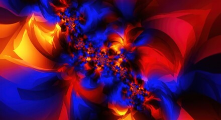 Vibrant fractal art showcases a mesmerizing display of blue, red, and yellow hues, creating an abstract design perfect for backgrounds and creative projects with its dynamic energy.