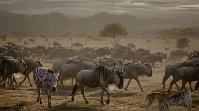Majestic African savanna migration herd of wildebeest and zebra moving across dry grassland with distant mountains and
