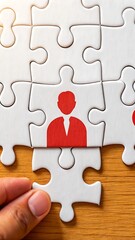 Fototapeta premium Hand placing a red person icon puzzle piece into a larger jigsaw puzzle