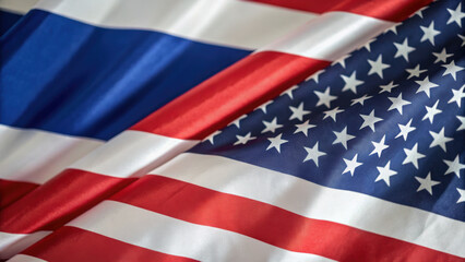 Fototapeta premium Image shows close up of Thai and USA flags, symbolizing international relations and unity. vibrant colors and patterns of flags are prominently displayed, highlighting their significance