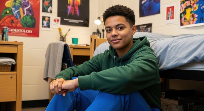 A young man with a green hoodie and blue pants sits in a dorm room, radiating a sense of calm and contentment, perfect for portraying college life and student experiences. - Powered by Adobe