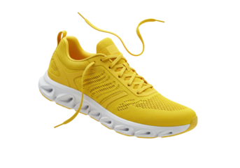 Isolated Bright Yellow Running Shoe with Floating Laces