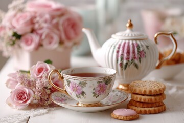 Fototapeta premium Elegant tea set with assorted cookies and fresh flowers on a beautifully arranged table for an afternoon gathering or celebration