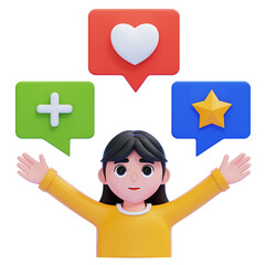 PNG 3D Enthusiastic Person Celebrating Social Media Engagement with Like, Add, and Star Icons Illustration Isolated on a White Background