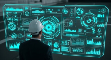 Engineer analyzing futuristic data interface with technical displays