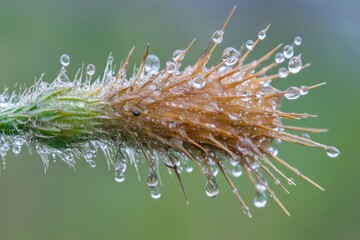 Dew-covered grass spike glistens in early morning light at a tranquil outdoor location