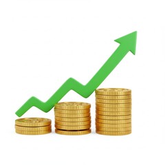 Stacks of gold coins with green upward arrow, isolated on white background