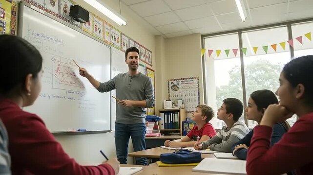 Young male teacher explains math problems to diverse attentive students in a bright classroom promoting learning - Powered by Adobe