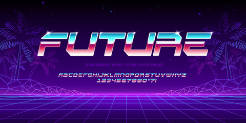 Sci-fi Font Type in Retro Futurism style. Shiny iron effect Alphabet of letters and numbers in 80's vintage aesthetic. Cyberpunk typography with abstract neon beach background. Vector retro font type