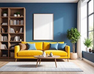 Poster Mockup in Modern Living Room with Yellow Sofa and Blue Wall – 3D Rendering