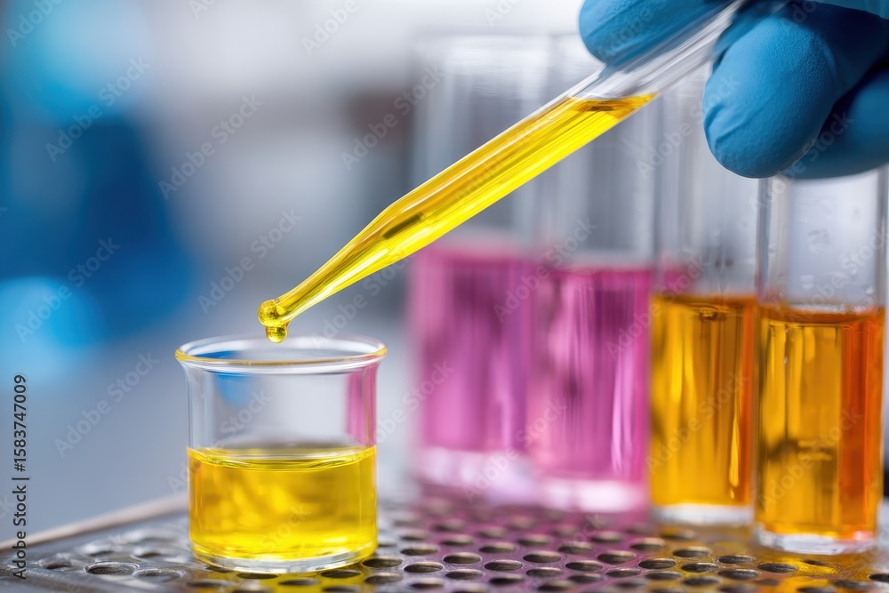 Aufkleber laboratory scientist in blue gloves performing pipetting with colorful solutions in a laboratory set