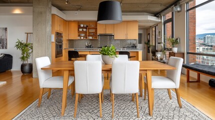 Modern dining area with a view.