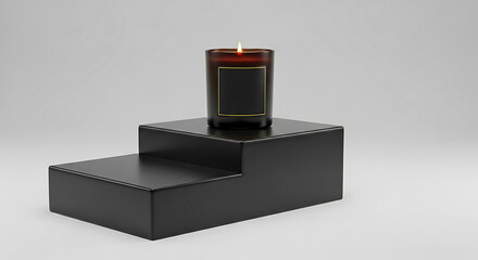 Lit candle in a brown glass jar with a black label on a black stepped platform against a gray background