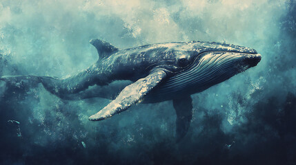 Majestic Humpback Whale Swimming Underwater in the Deep Ocean
