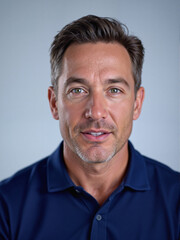 Obraz premium Portrait of middle aged Caucasian man looking into camera with slight smile, short brown hair and light stubble, upper body visible against plain background