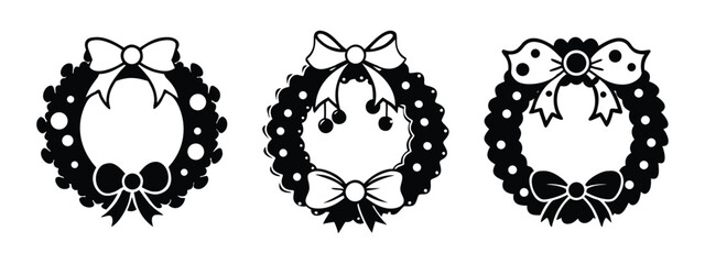 "Black Christmas Wreaths with Bows and Decorative Details"