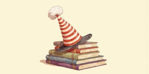 Red and white clown hat resting on stack of colorful books for Clown Day, Clown Week  