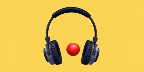 Headphones and red ball on yellow background representing Clown Day, Clown Week  